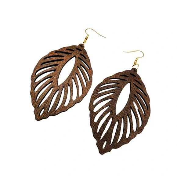 Hollow Leaf Earrings Wood Bohemian Dangle Boho Style Ear Jewelry Brown Gold - Picture 2 of 4